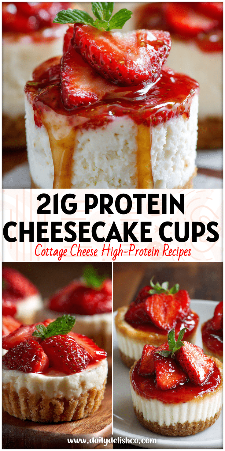 Layers of strawberry cottage cheese cheesecake cups in jars showing a Cream Cheese Healthy Dessert and High Protein Keto style.
